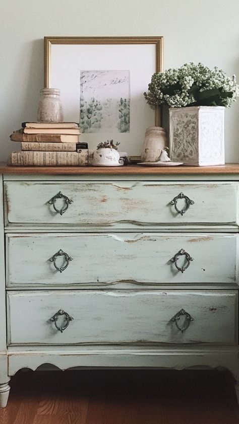 Transform an old dresser with a fresh coat of chalk paint! This DIY dresser makeover is perfect for giving tired furniture a new lease on life with a matte, vintage-inspired finish. Learn how to create a shabby-chic look with chalk paint and bring charm to any room with this simple, budget-friendly project. 🎨🛠 #ChalkPaintMakeover #DIYDresser #FurnitureMakeover #ShabbyChicDecor How To Distress Chalk Painted Furniture, Cream Chalk Paint Dresser, Refinishing Furniture With Chalk Paint, How To Antique Paint Furniture, Farmhouse Dresser Makeover, White Distressed Dresser, Chalk Paint Bed, Painted Vintage Dresser, Chalk Paint Bedroom Furniture