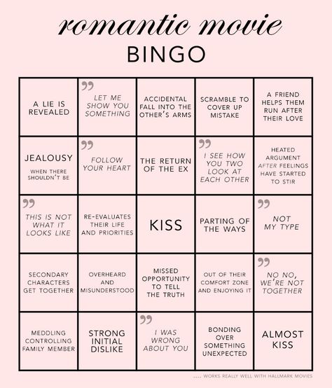 Romantic movie bingo! Part of the charm of romantic movies (especially Hallmark movies which is my new obsession for some reason) is that they are quite predictable. So here's a little bingo sheet that you're free to use and enjoy. How did tonight's movie do? Movie Bingo Template, Hallmark Movie Bingo, Fluff Ideas, Movie Journaling, Bingo Movie, Couple Journal, Movie Bingo, Reading Bingo, Romcom Movies