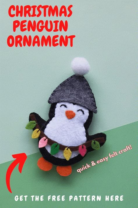 Make this cute penguin craft for christmas. You'll love this adorable and easy felt Christmas ornament! This penguin ornament is perfect for Christmas gifts! Felt Christmas Ornaments Penguin, Free Felt Christmas Decoration Patterns, Felt Ornaments Templates, Felt Ice Skate Ornament, Fabric Crafts Christmas, Felt Penguin Pattern Free, Kids Felt Ornaments, Christmas Felt Crafts Diy, Felt Ornaments Patterns Free Christmas Decorations