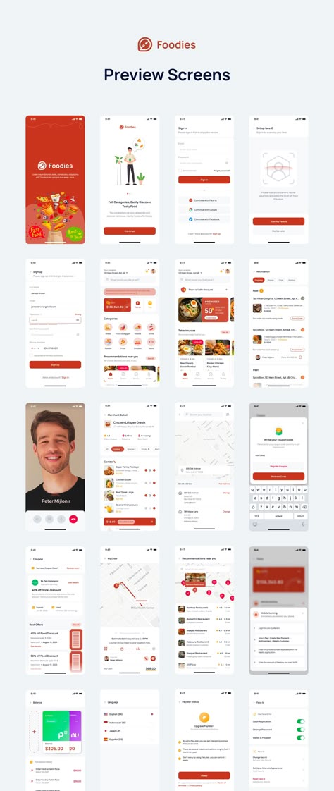 Foodies - Food Delivery Mobile App UI Kit — UI Kits on UI8 Recipes App Design, Food Mobile App Design, Recipe App Ui Design, Food Ordering App Ui Design, Food Delivery App Ui Design, Food Ui Design, Food App Ui Design, Food Delivery Design, Delivery App Design