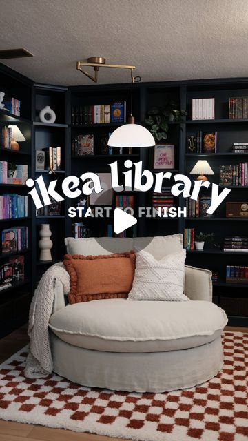 Kelsey + Ryan Mansingh | DIY & Renovation on Instagram: "Start to finish library build 📚🫶🏼 We used Billy bookcases from IKEA as the base and built them out. Follow for more DIY’s! #ikeahack #ikealibrary #billybookcase #billybookcasehack #lifehack #diyhack #diylibrary #homelibrary #booktok #bookstagram #bookstagrammer #bookish #booklover #bookaddict #homerenovation #diy #diyproject" Front Room Bookshelves, Diy Office Library, Ikea Shelving Hacks Billy Bookcases, Billy Ikea Office, Oxberg Billy Ikea, Kallax As Bookshelf, Relaxing Reading Room Ideas, Billy Bookcase Inspiration, Renter Friendly Billy Bookcase