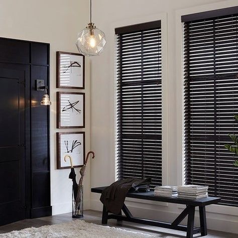 Expresso Faux Wood Blinds, Black Wooden Blinds Living Room, Black Blinds Living Room Lowe's, Colored Blinds For Windows, Black Bedroom Blinds, Blinds For Gray Walls Living Rooms, Black Wooden Blinds Bedroom, Black Interior Blinds, Blinds For White Walls