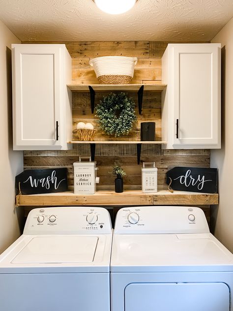 Laundry Room Cabinets Over Washer Dryer, Laundry With Shelves, Laundry Room Shelving Ideas For Top Loaders, Laundry Room Cabinets With Shelves, Laundry Room Cabinet And Shelves Ideas, Laundry Nook Shelves, Tan Laundry Room Ideas, Cabinets And Shelves, Laundry Room Makeover With Cabinets