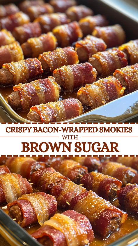 Crispy Bacon-Wrapped Smokies with Brown Sugar Bacon Lil Smokies Brown Sugar, Bacon Wrapped Wieners With Brown Sugar, Smokies With Bacon And Brown Sugar, Brown Sugar Bacon Wrapped Smokies Air Fryer, Lol Smokies Wrapped In Bacon, Appetizer Hot Dog, Little Sausages Wrapped In Bacon, Lil Smokies In Puff Pastry, Brown Sugar Bacon Wrapped Little Smokies