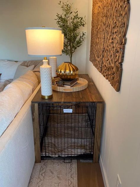 Dog Crate Behind Couch, Living Room Dog Kennel, Dog Crate In Living Room Ideas, Dog Area In Apartment Small Spaces, Dog Crate Side Table Diy, House With Dogs Ideas, Hide Dog Crate Ideas Diy, Dog Kennel In Living Room, Diy Kennel Table