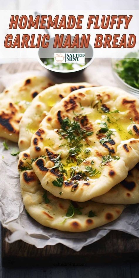 If you've ever tasted Garlic Naan, you know how incredibly delicious this Indian bread can be. Soft, fluffy, and brimming with a rich garlic flavor, it’s no wonder it has become a favorite in Indian cuisine. This Garlic Naan bread recipe can be made right at home, without the need for a tandoor oven, using a simple cast-iron skillet. Onion Naan Bread Recipe, Indian Nan Recipe, Aloo Naan Recipe, Easy Pita Bread Recipe No Yeast, Homemade Naan Bread Without Yogurt, Fluffy Naan Bread, Small Batch Naan Bread, Bread Machine Naan Dough, Easy Naan Bread Recipe Greek Yogurt