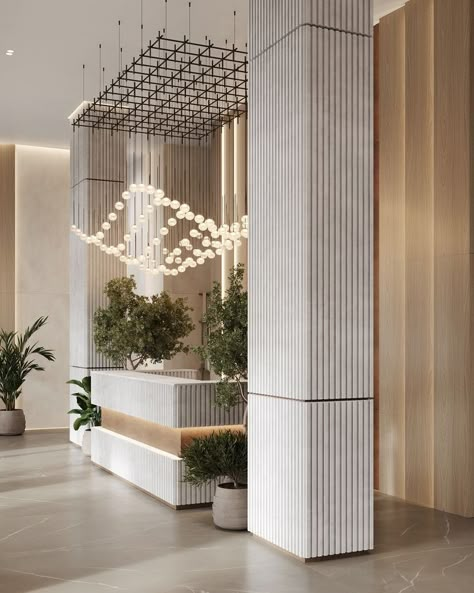 Interior Pillars, Column Cladding, Hotel Lobby Design, Lobby Interior Design, Cladding Design, Reception Desk Design, Interior Columns, Pillar Design, Clinic Interior Design