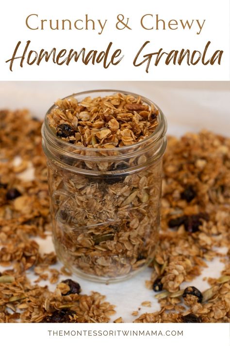 This easy homemade cinnamon nut and craisin granola is perfect for breakfast or a snack! Made with all whole ingredients, no refined sugar, and packed with flavor. It’s quick to make and easy to customize. Use it to top yogurt, enjoy as cereal with milk, or even sprinkle over a smoothie! This recipe is ideal for busy mornings or make-ahead meal prep, and it stays fresh for weeks in the pantry. Deliciously crispy, chewy, and naturally sweetened—your new go-to granola recipe! Chewy Granola Recipe, Crunchy Granola Recipe, Cereal With Milk, Montessori Kitchen, Nut Granola, Raw Pumpkin Seeds, Cinnamon Nuts, Chewy Granola, Crunchy Granola