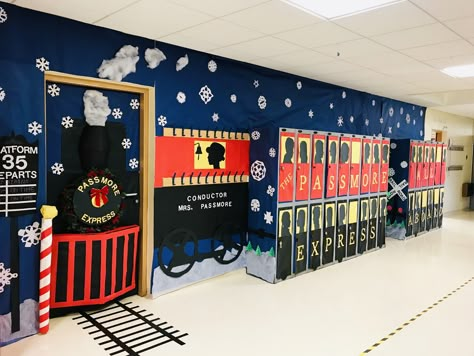 Christmas Door Decorations For School Polar Express, Polar Express Decorations For School, Polar Express Board Ideas, The Polar Express Classroom Door, Polar Bear Express Decorations, Christmas Classroom Decorating Ideas, Polar Express Decorating Ideas, Christmas Door Decorations Polar Express, Door Decorations Classroom Christmas Polar Express