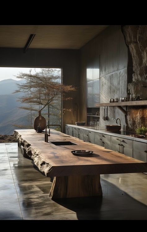 Wabi Sabi Kitchen, Organic Modern Kitchen, Dream House Interior, Dream House Decor, Wooden Table, Rustic Kitchen, Dream Home Design, 인테리어 디자인, House Inspiration