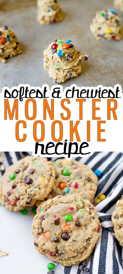 Monster Cookies Monster Cookies Easy, M&m Recipes Baking, The Best Cookies Ever, Kids Favorite Cookies, Soft Monster Cookies Recipe, Monster Cookies Without Peanut Butter, Monster Cookie Recipe Best, Cookie Recipes Monster Cookies, How To Make Monster Cookies