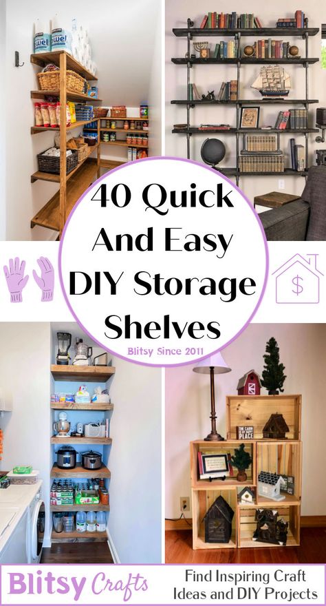 40 Quick And Easy DIY Storage Shelves Diy Rack Shelf Storage Ideas, Diy Stacking Shelves, Easy Bookcase Diy, Diy Craft Shelves, Diy Standing Shelves, Diy Small Shelves, Diy Home Shelves, Diy Rack Shelf, Diy Wall Shelves Easy Cheap