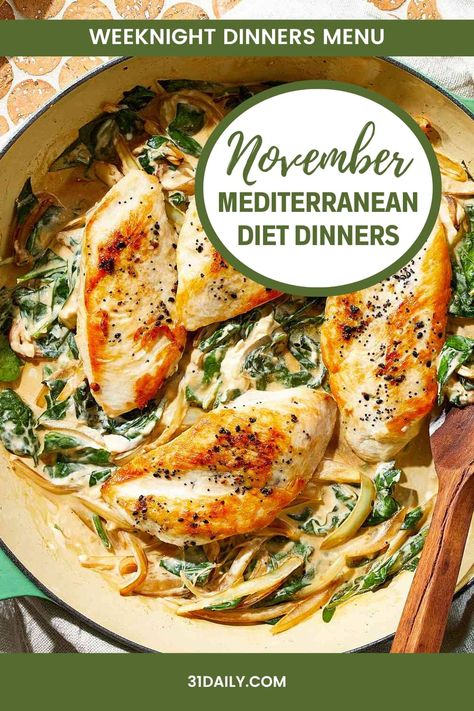 With Thanksgiving next week, we're maximizing good-for-you foods in this week's November Mediterranean Diet Dinners meal plan. Filled with hearty foods and delicious flavors, these meals are mostly ready in 30 minutes and feature November-perfect ingredients. Healthy November Meals, November Recipes Easy, Weekly Mediterranean Meal Plan, Weekday Healthy Dinner Ideas, Mediterranean Diet Thanksgiving Recipes, November Recipes Dinner, Healthy November Recipes, November Dinner Recipes, Dinner Meal Plans For The Week