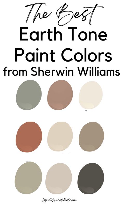 Earth tone paint colors are shades that hearken the appeal of nature. Among other colors, earthy paint colors consist of ruddy reds, clay toned oranges, soft beige and tans, and sage greens. Check out Sherwin Williams best earth tone paint colors for a kitchen, living room, bedroom, office and more. Sherwin Williams Temperate Taupe, Paint Colors With Terra Cotta Tile, Paint Color For Brown Furniture, Rust Home Decor Color Palettes, Boho Paint Color Palette, Painting Combinations For Walls, Painting Ideas For House Interior Design, Earthy Living Room Colors, Sherwin Williams Clay Paint Colors