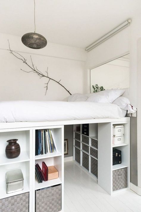 Help! How to DIY a king size loft bed? 12 Ikea Bed Hack Loft, Elevated Bed Frame Diy, Raised Bed With Bookshelves, Loft Bed In Box Room, Loft Bed Repurposed, Closet Beds Ideas, Loft Bed Privacy Ideas, Diy Ikea Storage Bed, Bookshelf Bed Ideas