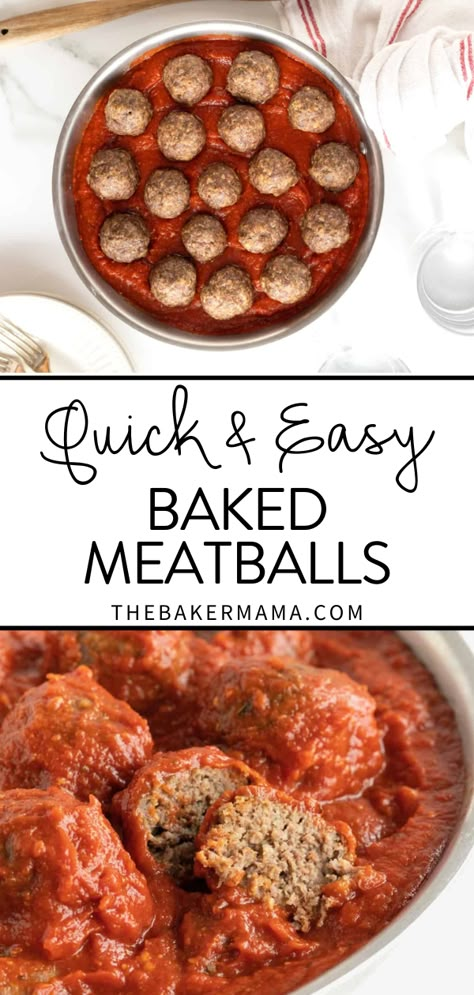 Our Quick & Easy Baked Meatballs are made from scratch and come together in minutes and taste delicious. Serve with marinara sauce and a side salad for a simple filling meal your family will love. The meatballs are so perfectly seasoned and filling, they stand up great on their own. When I say they’re popular in our house–these babies are gone in a flash! I usually make a double batch! Best Easy Meatballs, Easy Marinara Meatballs, Keto Baked Meatballs, Homemade Meatballs Recipe Baked, Easy Oven Baked Meatballs, Quick Easy Meatballs, Meatballs Baked In Sauce, Hamburger Meatballs Easy, Best Baked Meatballs