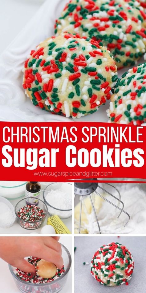 How to make Christmas Sprinkle Sugar Cookies - a super easy Christmas cookie the kids can help make. Soft, pillowy sugar cookies with a crunchy sprinkle coating Soft Batch Christmas Sprinkle Cookies, Decorating Christmas Cookies Easy, Softest Sprinkle Cookies, Christmas Toddler Desserts, Christmas Sugar Sprinkle Cookies, Easy Christmas Sprinkle Sugar Cookies, Easy Xmas Sugar Cookies, Easy Santa Cookies For Kids, Sugar Spun Run Recipes Sugar Cookies