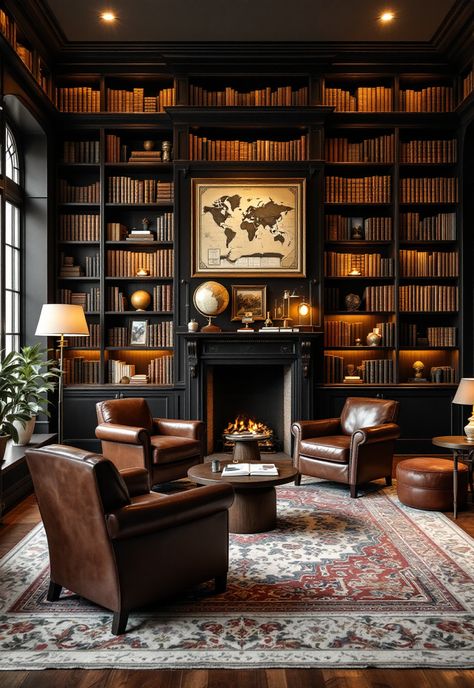 Old Money Living Room Home Library Sofa, Four Chair Conversation Area Living Room, Old School Study Room, Old English Library Aesthetic, Comfortable Sitting Room Ideas, Dark Victorian Library, Dark And Moody Home Library, Black Painted Bookcase Ideas, Fireplace Lounge Seating