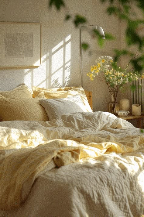 Bedroom Light Yellow Walls, Airy Light Bedroom, Bedding Ideas Pastel, Cute And Cozy Bedroom Ideas, Bedroom For 25 Year Old Woman, Sunshine Bedroom Aesthetic, Cool Bedroom Ideas For Women, Light Yellow Bedroom Aesthetic, Colourful Modern Bedroom