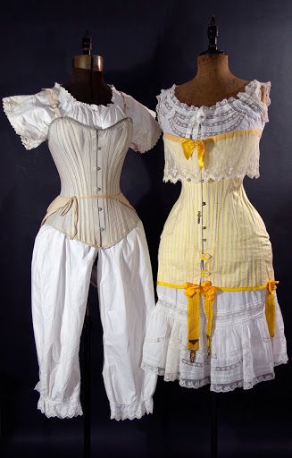 Left: grey cotton long line corset worn over one piece cami-knickers, and additional bustle pad tied around waist, c. 1895. Right: Yellow and white striped... Historical Garments, Edwardian Corsets, Art Gallery Museum, 1860s Fashion, Victorian Era Fashion, 1910s Fashion, Gallery Museum, Dress History, Period Pieces