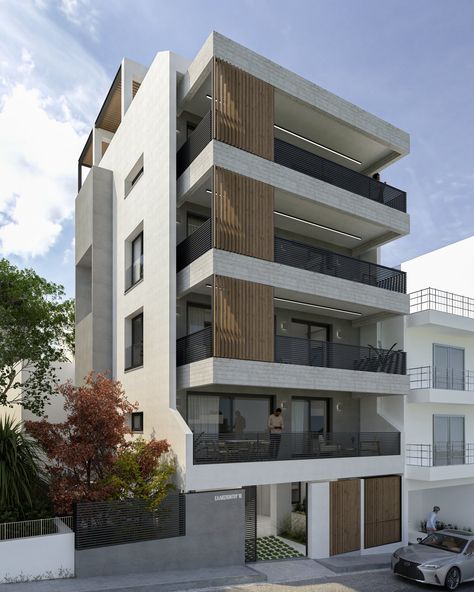 Our latest residential project concerns an A+energy efficient apartment building, located in the Agios Dimitrios area in Athens, Greece. This residential design consists of a four-storey building with pilotis, basement and a roof area for exclusive use, including a flat apartment per floor. Regarding the size of the building, we have a total of 325sq.m […] Apartment Blocks Architecture, Apartments Ideas Architecture, 4 Storey Residential Building Design, Two Floor Apartment Design, 3 Storey Apartment Design, 3 Floor Apartment Building, Outside Apartment Building, Flats Apartment Building, 8 Story Apartment Building