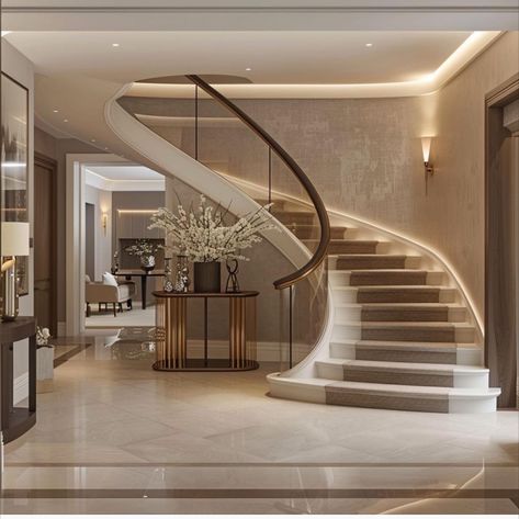 Beautiful luxurious interiors #interiors Curvy Stairs Design, Stairs In Lounge, Round Stairs Design Modern, Staircase Design Modern Luxury Homes, Tangga Aesthetic, Aesthetic Staircase, Staircase Aesthetic, Circle Stairs, Aesthetic Stairs