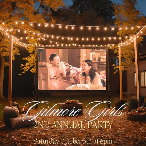 Northern California friends, you’re invited to “Stars Hollow Soiree: An Autumn Gilmore Girls Party Under the Stars!”🍂☕️🎟️✨ *comment “invite” and I’ll dm you the official invitation. Join us for a magical evening filled with nostalgia, laughter, and good company as we pay homage to the beloved show, Gilmore Girls. We will enjoy Lorelei and Rory’s favorite foods, watch the best of GG on the projector outdoors, and put our show knowledge to the test with some trivia. Date: October 5th Time: 6p... Gilmore Girls Watch Party, Gilmore Girls Party Decorations, Gilmore Girls Party Ideas, Gilmore Girls Birthday Party, Gilmore Girls Birthday, Lorelei And Rory, Gilmore Party Ideas, Autumn Gilmore, Party Under The Stars