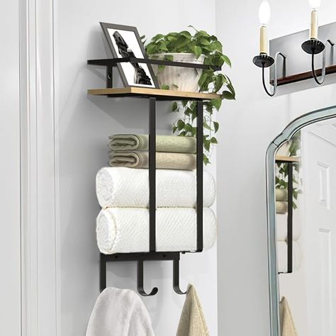 Luxspire Towel Racks for Bathroom Wall Mounted, Metal Towel Holder with Wooden Floating Shelf & 3 Hooks, Rolled Bath Towel and Hand Towel Storage for Bathroom, Bathroom Wall Organizer, Black + Wood : Amazon.co.uk: DIY & Tools Bathroom Towel Holder Ideas, Wooden Floating Shelf, Towel Racks For Bathroom, Toallero Ideas, Wall Towel Racks, Bathroom Revamp, Bath Towel Storage, Hand Towel Rack, Bathroom Towel Holder