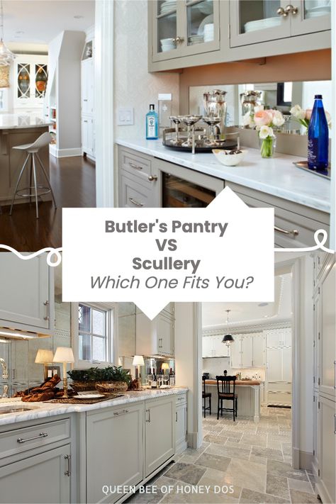 Two of the trendiest kitchen additions are the butler's pantry and the scullery. But what is the difference and which one is a better fit for you? Find out! #kitchens #remodel #trends #home #design Kitchen Design With Butlers Pantry, Small Kitchen Butlers Pantry, Kitchen With Prep Kitchen, Prep Area In Kitchen, Butlers Pantry Off Kitchen, Butlers Pantry Closet, Butlers Pantry With Appliances, Butler Kitchen Pantry, Butler Pantry Cabinet Ideas