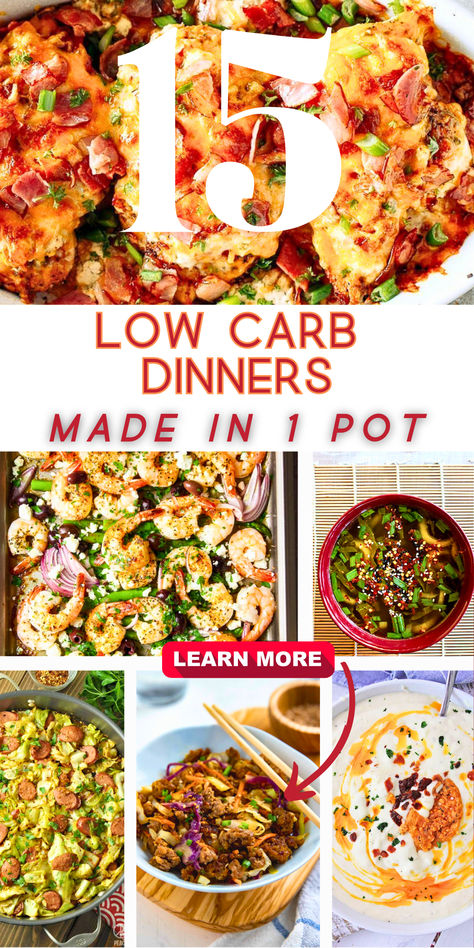 6 photos of low card one pot dishes in a collage with a big number 15. 1 Pot Keto Meals, Healthy One Pot Meals Low Carb, One Pot Meals For Diabetics, One Pot Recipe Ideas Healthy, One Pot Dinners Easy Healthy, Healthy 1 Pot Meals, Easy One Pot Healthy Meals, One Pot Low Calorie Meals, One Pot Protein Meals