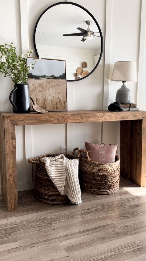 DIY entry table styled Boho Farmhouse Entryway Table, Front Door Tables Entryway, This Entry Way Table, Entrance Way Console Table, Simple Wood Console Table, Rustic Wood Console Table Entryway, Entry Table With Bench Underneath, Entry Modern Farmhouse, Rustic Entrance Table