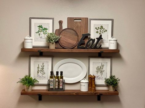 Kitchen Floating Shelves Decor, Farmhouse Shelves Decor, Kitchen Floating Shelves, Dining Room Shelves, Rustic Wall Shelves, Floating Shelf Decor, Kitchen Wall Shelves, Kitchen Shelf Decor, Floating Shelves Kitchen