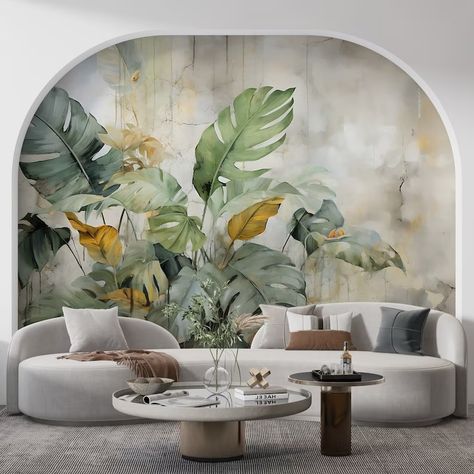 ABSTRACT Concrete Wall With Tropical Leaves Palm Tropical Wallpaper Tropical Landscape Mural Vintage Jungle Pattern 518 - Etsy Romania Rooms With Floral Wallpaper, Tropical Wallpaper Living Room Ideas, Tropical Wallpaper Bedroom Ideas, Living Room Decor With Wallpaper, Large Format Wallpaper, Tropical Room Design, Home Office Tropical, Tropical Mural Wallpaper, Mural Ideas Living Room