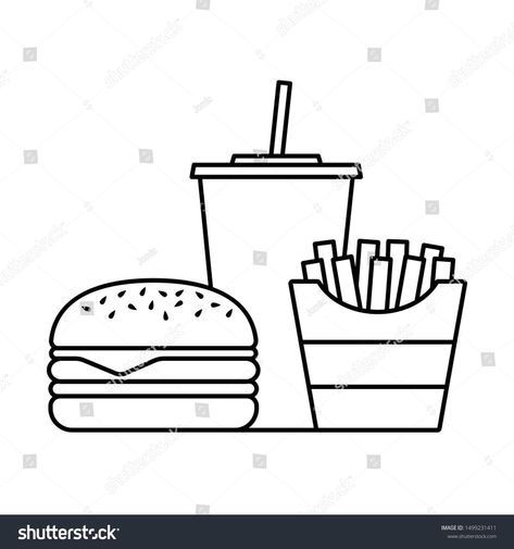 Fast Food Drawing Easy, French Fries Drawing, Fast Food Drawing, Fries Drawing, Hamburger Drawing, Food Drawing Easy, Food Outline, Drawings For Coloring, Fast Food Icon