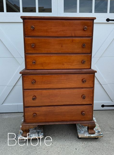 Vintage Dressers Makeover, Upcycled Tall Dresser, Old Wood Dresser Makeover, Refurbished Highboy Dresser, Painting A Chest Of Drawers, 7 Drawer Dresser Makeover, Repurposed Tall Dresser Ideas, Refinished Pine Dresser, Dresser Makeover Before And After