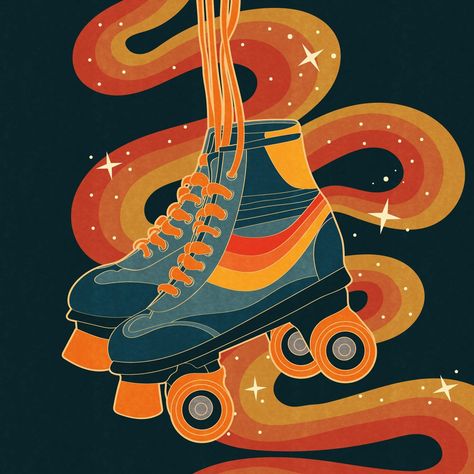 Retro 70s, 80s roller skates illustration. Stars swirls, yellow orange red blue Retro Roller Skates Illustration, Groovy Roller Skates, Roller Skating Painting, Roller Skates Painting, Orange Illustration Art, Orange Roller Skates, Roller Skates 80s, Retro Things To Paint, 70s Illustration Art