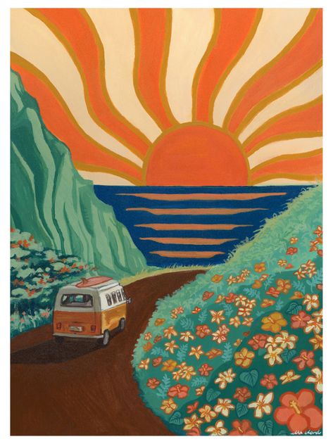 classic hippie van with surfboard driving towards beach Hawaiian Painting, Surfer Painting, Hawaiian Landscape, Surf Artwork, 70s Poster, Surfing Lifestyle, Savannah Beach, Surfer Lifestyle, Vibrant Paintings