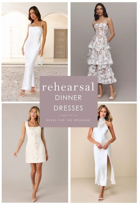 collage showing 4 dresses that are suitable for a rehearsal dinner outfit for a bride Rehearsal Dinner Dress Ideas For Bride, Trendy Rehearsal Dinner Outfit, Dresses For Bridal Shower The Bride, Welcome Party Bridal Outfit, Mexico Rehearsal Dinner Outfit, Tropical Rehearsal Dinner Dress, Rehearsal Dinner Dress Beach, Rehearsal Dinner Dresses For Bride, Elegant Rehearsal Dinner Dress