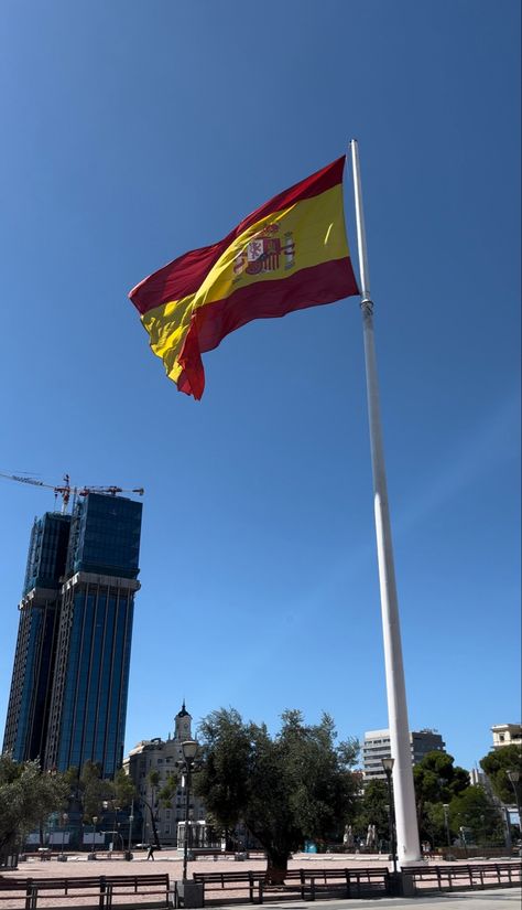 Madrid, spain, travel, flag Pinterest Moodboard, Spain Aesthetics, Madrid Spain Travel, Spanish Flag, Spanish Flags, Spain Flag, Spain Aesthetic, Flag Hanging, Man Standing