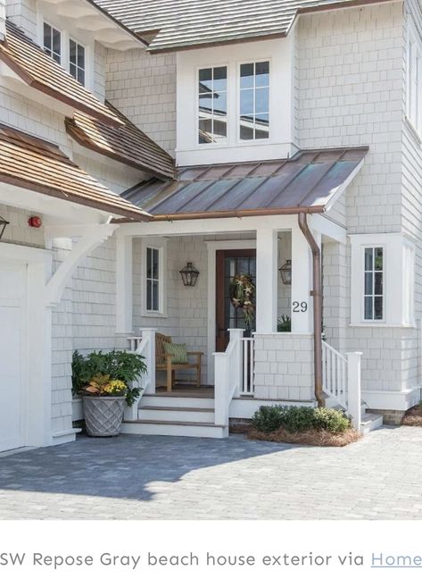 Blue Door Exterior, Siding With White Trim, Painted Siding, Sherwin Williams Exterior Paint, Sherwin Williams Repose Gray, Sherwin Williams Exterior Paint Colors, Gray Photos, Red Brick House Exterior, House Color Ideas