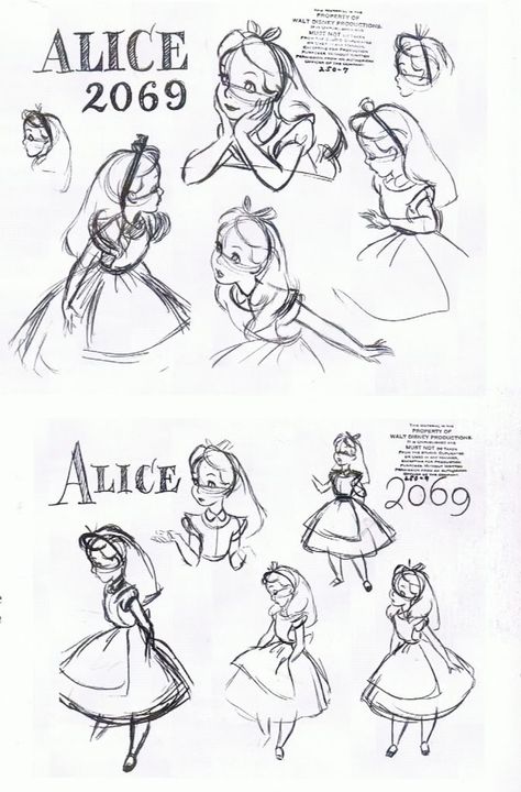 Model sheet for Alice from Disney's Alice in Wonderland Disney Art Style, Animation Disney, Disney Sketches, Disney Concept Art, Model Sheet, Arte Sketchbook, Disney Alice, Character Design References, Disney Princesses