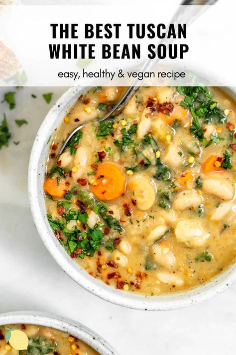 Tuscan White Bean Soup, Tuscan White Bean, White Bean Soup Recipes, Vegetarian Soup Recipes, Italian Herbs, Kale Soup, Bean Soup Recipes, Vegan Soup Recipes, Fall Soups