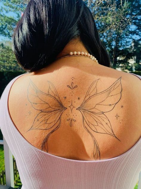 Fairy Arm Sleeve Tattoo, Fairy Spine Tattoo, Whimsical Tattoos For Women Sleeve, Child Tattoo Ideas For Women, Fairy Wing Tattoos On Back, Fairy Back Tattoo, Butterfly Wings Tattoo On Back, Fairy Wings Back Tattoo, Child Tattoo Ideas