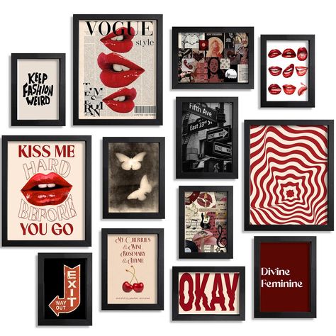 Dark Room Wall Decor, Bedroom Decor Art Deco, Dark And Moody Wall Art, Cool Girl Room Decor, Red Room Decor Aesthetic, Dark Retro Aesthetic, Downtown Girl Room Decor, Room With Posters, Edgy Wall Decor