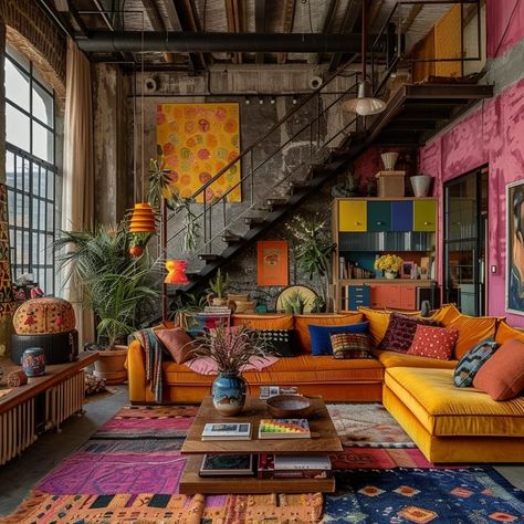 Industrial Interior Design Colorful, Eclectic Living Room Color Palette, Loft Apartment Inspiration, Colorful Industrial Interior, Loft Color Palette, Artist Loft Apartment, Urban Loft Apartment, Industrial Condo, Gemini Style