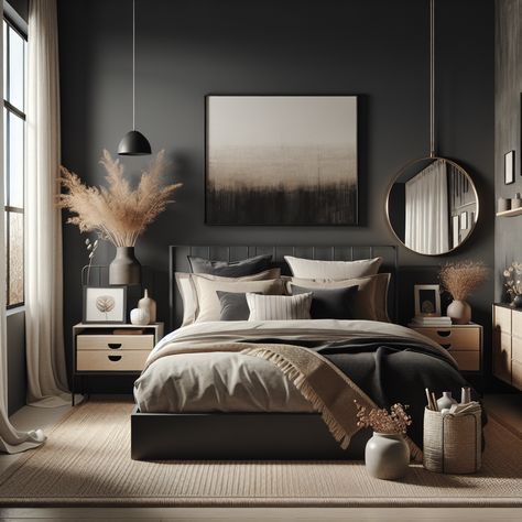 "Design a modern, cozy bedroom with a dark, industrial vibe: King bed with neutral bedding, circular mirror, plants, jute rug." Gray Black Brown Bedroom, Black And White Earthy Bedroom, Black Grey Tan Bedroom, Scandi Industrial Bedroom, Neutral And Grey Bedroom Ideas, Sand And Black Bedroom, Boho Bedroom Black Accent Wall, Dark Modern Organic Bedroom, Black And Caramel Bedroom