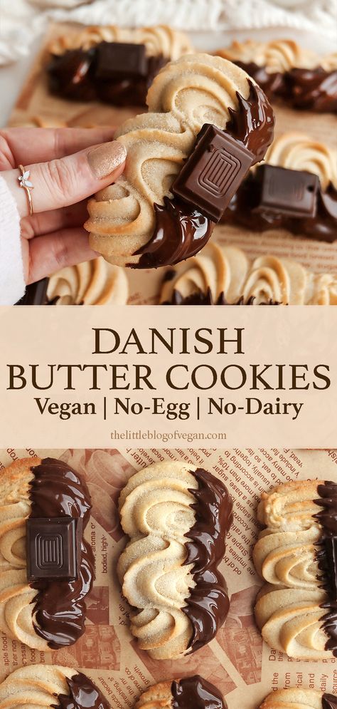 Tall pinterest pin of vegan danish butter cookies. Gluten Free Dairy Free Vegan Desserts, Dairy Free Holiday Cookies, Vegan Pastry Recipes, Vegan Danish, Cultural Foods, Ms Recipes, Vegan Christmas Cookies, Danish Butter Cookies, Vegan Pastries