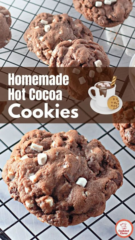 These cookies are packed with the rich flavor of hot chocolate powder and gooey marshmallows! A must-try winter treat. Perfect for Christmas baking. Hot Cocoa Cookies Recipe, Cookies With Hot Chocolate Powder, Marshmallow Recipes, Hot Chocolate Baked Goods, Easy Holiday Desserts. Cookies Using Hot Chocolate Powder, Milk Chocolate Morsels Recipes, Recipes Using Hot Cocoa Powder, Baking With Hot Chocolate Powder, Cookies With Hot Chocolate Powder, Powdered Christmas Cookies, Cookies Made With Hot Chocolate Powder, Recipes With Hot Cocoa Packets, Hit Cocoa Cookie