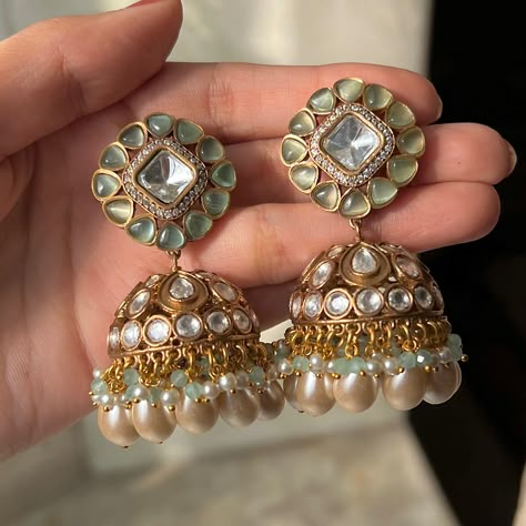 Polki Statement Jhumkas Earings For Wedding Jhumka, Pearl Jhumkas Gold Indian Jewelry, Polki Earrings Jhumkas, Jhumkas Aesthetic, Polki Jhumkas, Aesthetic Jhumka, Desi Earrings, Kundan Jhumka Earrings, Kundan Jhumka