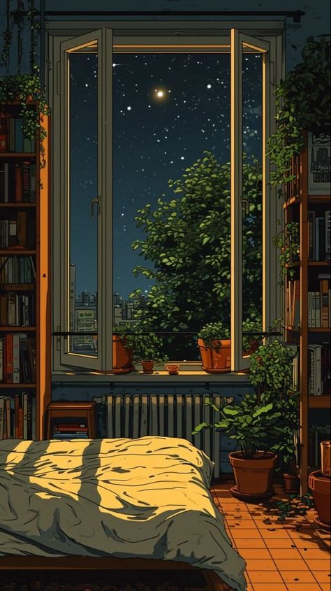 Cute Cozy Wallpapers, Night Lines, Cozy Wallpapers, Cozy Wallpaper, Lofi Art, Photowall Ideas, Night Window, Dreamy Artwork, 8bit Art